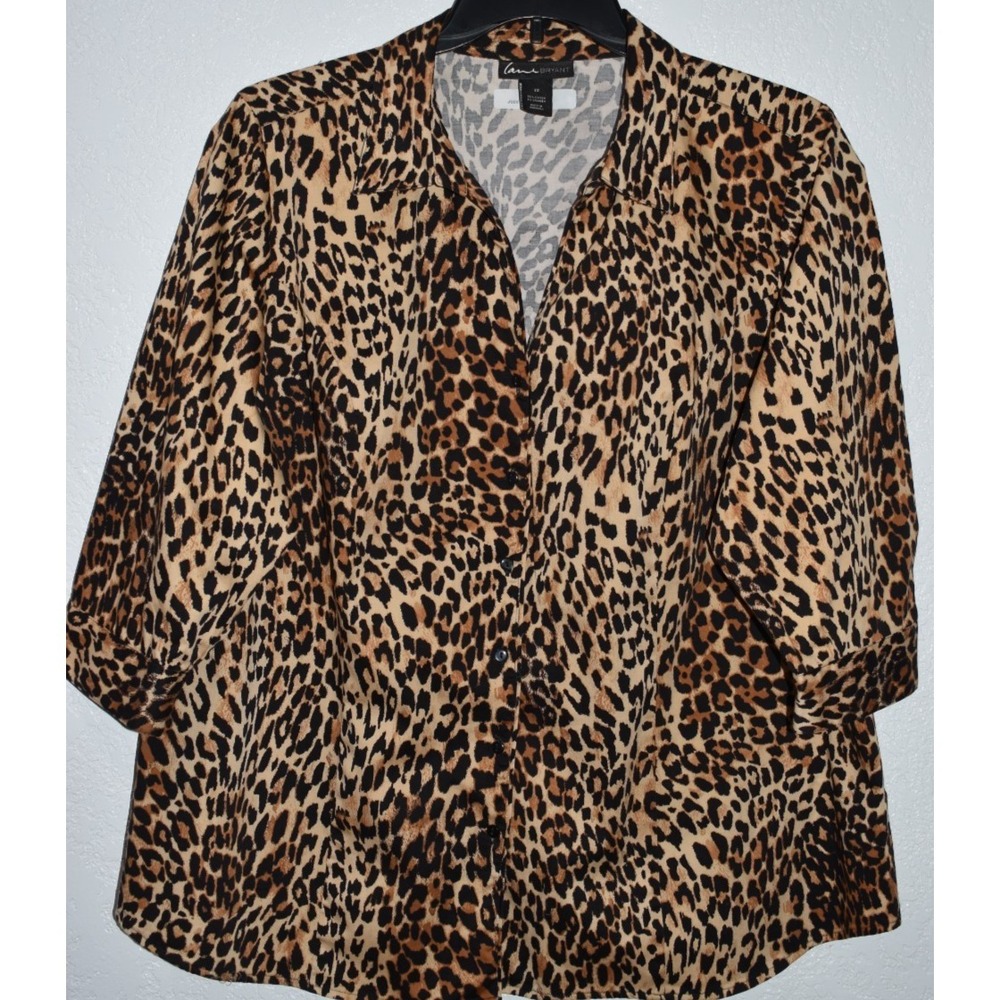 Lane Bryant Sz 22 Stretch Blouse Button Front Top Brown 3/4 Sleeve Animal Print